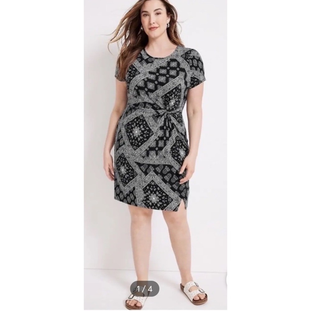 Maurices Paisley Bandana Knot Front Dress Women L Black White Short Sleeve NEW